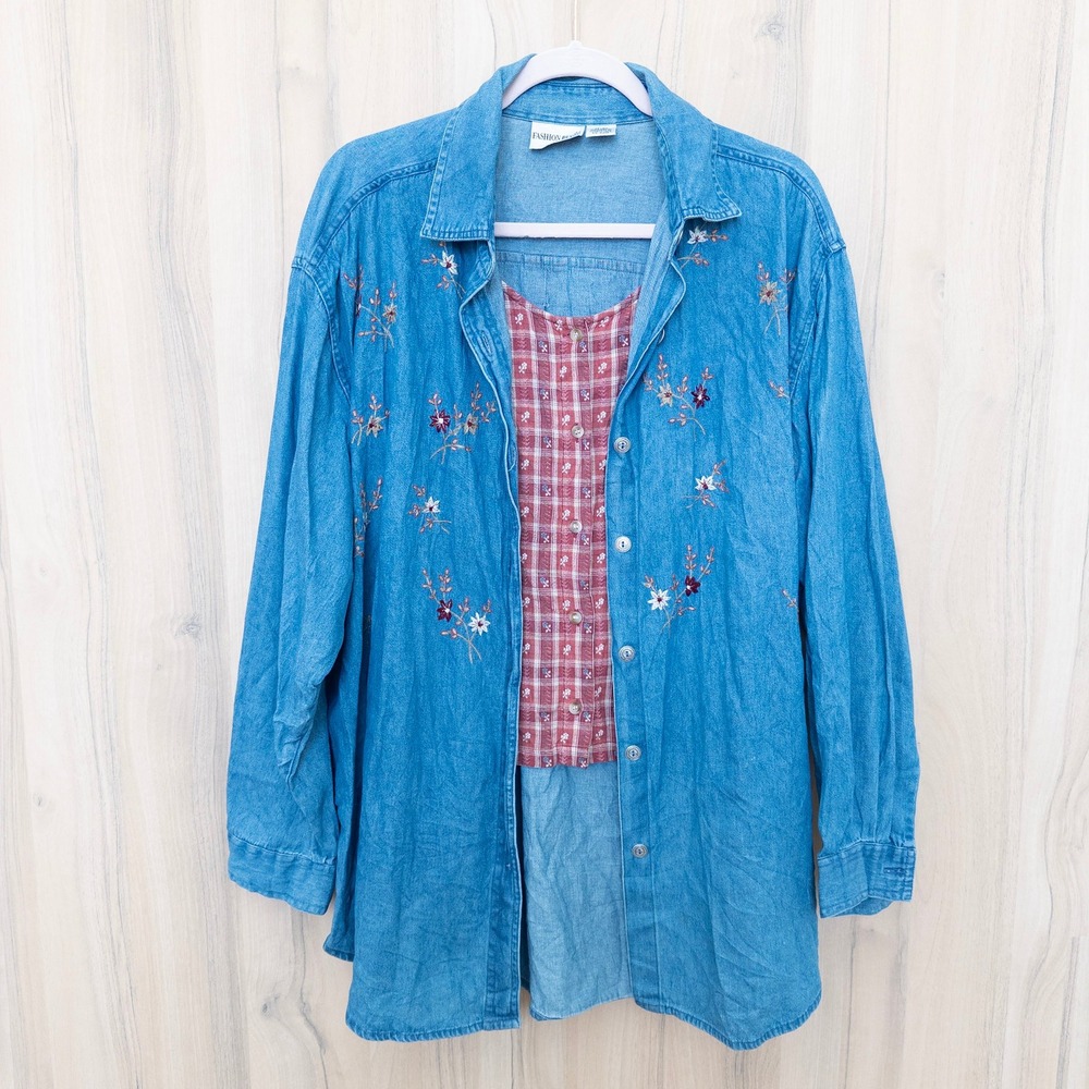VTG Fashion Bug Womens Denim Shirt Sz 18/20 Embroidered Floral Cottage Americana